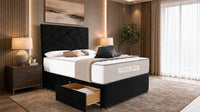 Plush Velvet Black - Aurelia Geometric Luxe Divan Bed with Statement Panelled Headboard & Storage