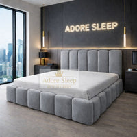 Plush Velvet Grey - Savoy Aurelia Luxury Upholstered Bed Frame – Sculpted Panel Statement Bed