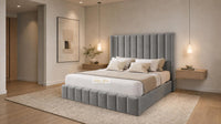 Plush Velvet Steel - Chelsea Luxury Channel Panel Bed – Premium Upholstered Bed Frame with Statement Headboard