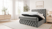 Plush Velvet Steel - Windsor Chesterfield Luxury Scroll Bed Frame