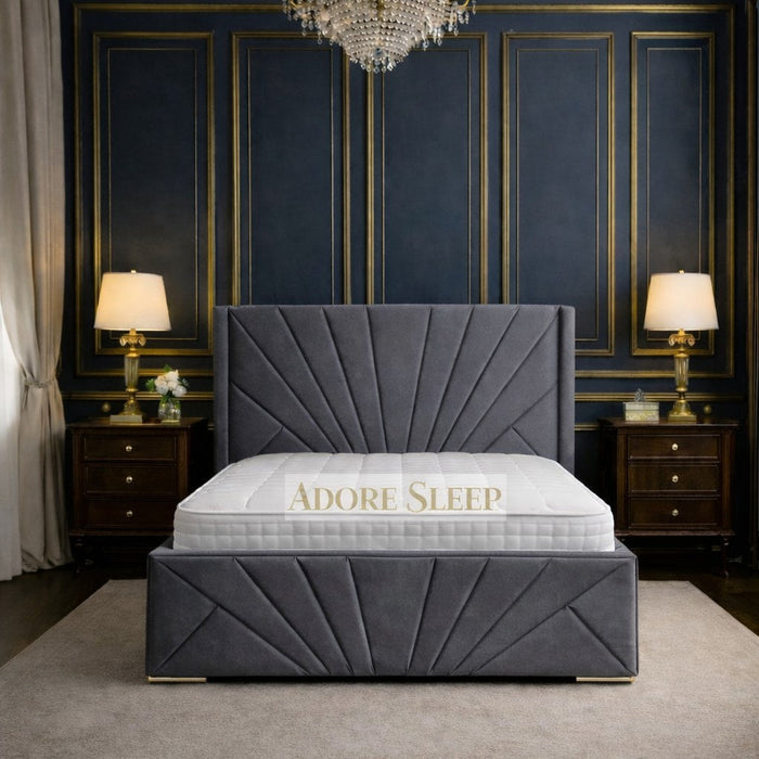 Plush Velvet Steel - Monaco Royale Luxury Fan-Panel Upholstered Bed Frame