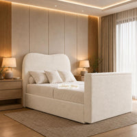 Naples Cream - Serene Luxury Curved TV Bed – Designer Upholstered Bed Frame with Integrated TV Footboard