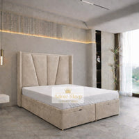 Plush Velvet Beige - Valençay Flared Sunburst Wingback Bed | Luxury Divan Ottoman Upholstered Bed Frame