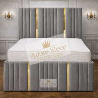 Plush Velvet Steel - Celestine Luxe Vertical Panelled Gold Strip Upholstered Bed Frame | Luxury Statement Bed