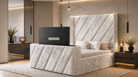 Crushed Velvet Champagne - Ascot Luxury Diagonal Panel TV Bed – Designer Upholstered Bed Frame with Integrated TV Footboard