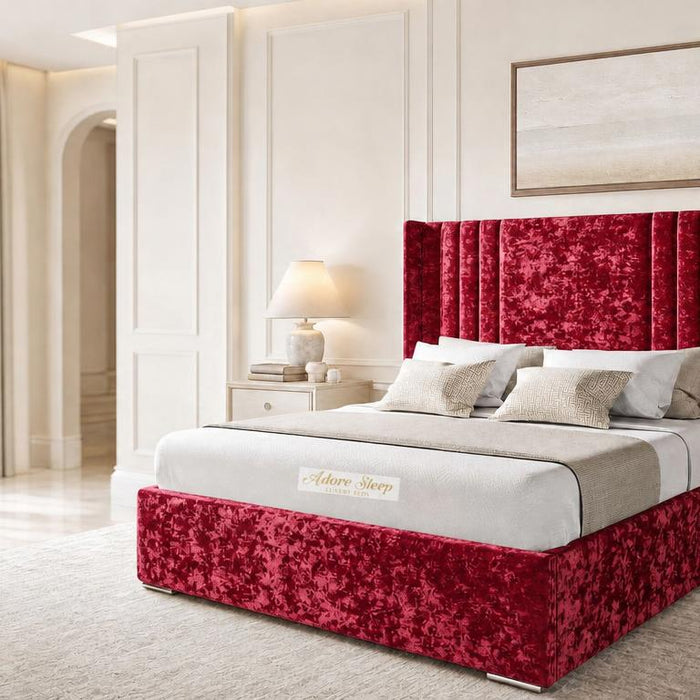 Crushed Velvet Red - Harrogate Gallery Luxury Winged Upholstered Bed Frame