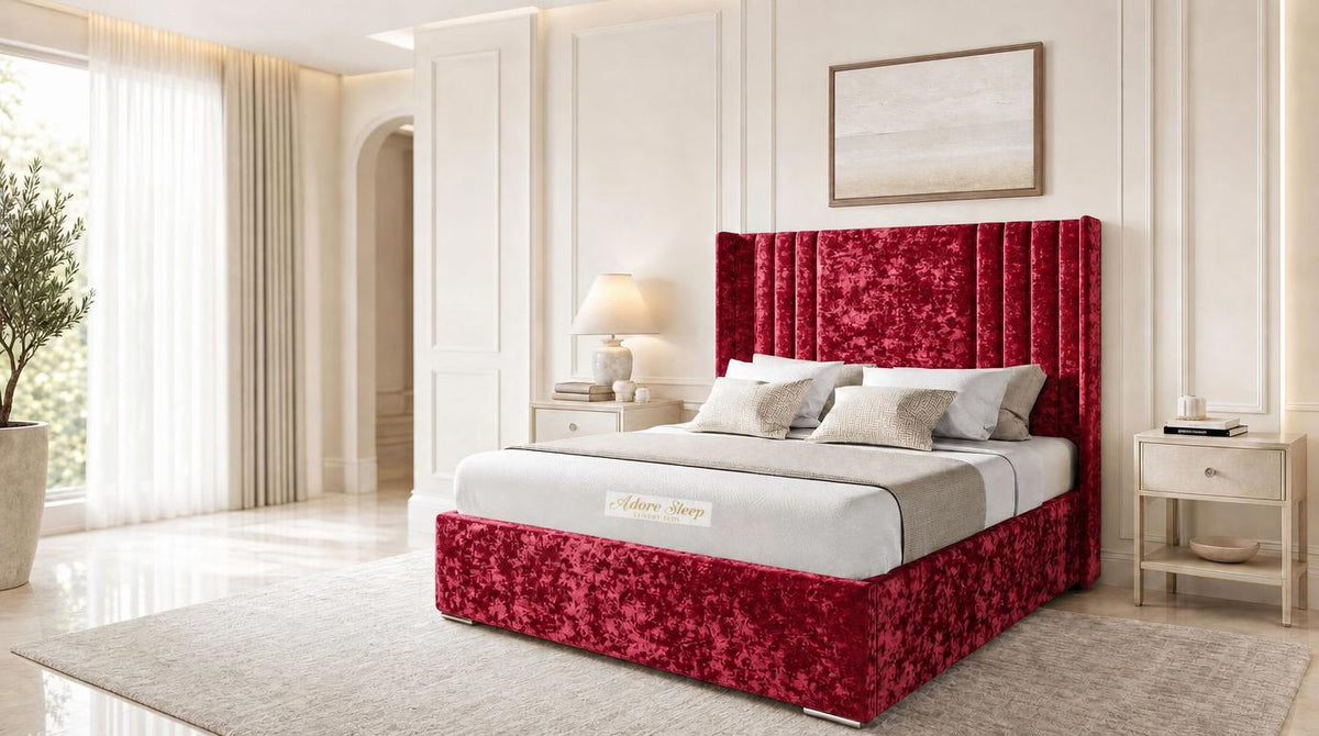 Crushed Velvet Red - Harrogate Gallery Luxury Winged Upholstered Bed Frame