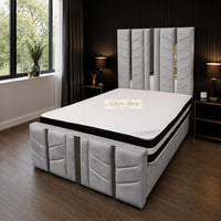 Plush Velvet Steel - Chevronne Luxury Chevron Panel Bed – Designer Upholstered Bed Frame with Metallic Inlay Detailing