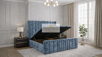 Crushed Velvet Denim Blue - Valmont Luxe Ottoman Divan Bed Frame – Luxury Upholstered Storage Bed with Statement Panelled Headboard
