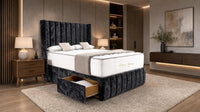 Crushed Velvet Black - Valentina Vertical Luxe Divan Bed – Channelled Statement Headboard & Storage