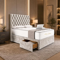 Crushed Velvet Champagne - Regency Diamond Luxury Divan Bed – Deep Button-Tufted Headboard with Premium Upholstered Frame & Storage