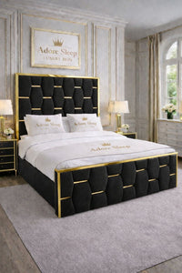 Naples Charcoal - Sovereign Geometric Upholstered Designer Bed | Luxury Gold Trim Bed Frame