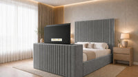 Plush Velvet Grey - Montreux Luxury Fluted TV Bed – Premium Upholstered Bed Frame with Integrated TV Footboard