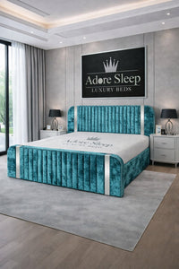 Crushed Velvet Teal - Spencer Luxury Curved Fluted Bed Frame with Gold Strip – Upholstered