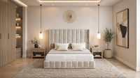 Crushed Velvet Champagne - Chelsea Luxury Channel Panel Bed – Premium Upholstered Bed Frame with Statement Headboard