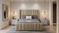 Plush Velvet Beige - Mayfair Luxury Panelled Bed – Premium Upholstered Bed Frame with Statement Headboard & Footboard