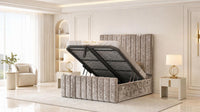 Crushed Velvet Mink - Langham Column Luxury Panelled Ottoman Storage Bed