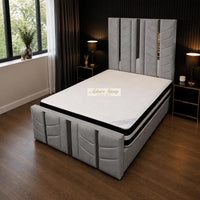 Plush Velvet Steel - Chevronne Luxury Chevron Panel Bed – Designer Upholstered Bed Frame with Metallic Inlay Detailing