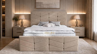Plush Velvet Beige - Valentina Luxury Chevron Panel Bed – Designer Upholstered Bed Frame with Statement Headboard & Footboard