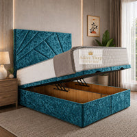 Crushed Velvet Teal - Meridian Abstract Geometry Ottoman Divan Bed | Luxury Hydraulic Storage Bed Frame