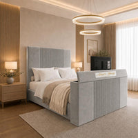 Plush Velvet Silver - Knightsbridge Luxury Fluted TV Bed – Designer Upholstered Bed Frame with Integrated TV Footboard