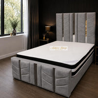 Plush Velvet Grey - Chevronne Luxury Chevron Panel Bed – Designer Upholstered Bed Frame with Metallic Inlay Detailing