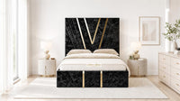 Crushed Velvet Black - Monaco V-Line Luxury Geometric Ottoman Storage Bed