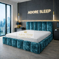 Crushed Velvet Teal - Savoy Aurelia Luxury Upholstered Bed Frame – Sculpted Panel Statement Bed