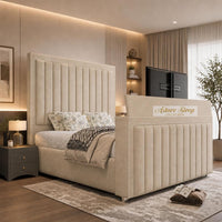 Naples Sand - Savoy Luxury Piped Panel TV Bed – Designer Upholstered Bed Frame with Integrated TV Footboard