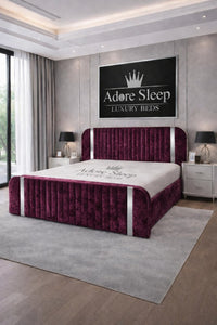 Crushed Velvet Aubergine - Spencer Luxury Curved Fluted Bed Frame with Gold Strip – Upholstered