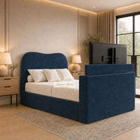 Plush Velvet Sapphire - Serene Luxury Curved TV Bed – Designer Upholstered Bed Frame with Integrated TV Footboard
