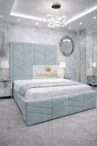 Plush Velvet Duck Egg - Valencia Royale Luxury Upholstered Bed – Geometric Chevron Panel Headboard & Statement Footboard