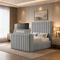 Naples Silver - Mayfair Luxury Channelled TV Bed – Premium Upholstered Bed Frame with Integrated TV Footboard