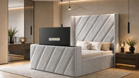 Plush Velvet Silver - Ascot Luxury Diagonal Panel TV Bed – Designer Upholstered Bed Frame with Integrated TV Footboard