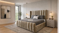 Crushed Velvet Gold - Mayfair Luxury Panelled Bed – Premium Upholstered Bed Frame with Statement Headboard & Footboard