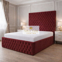 Plush Velvet Maroon - Sovereign Élan Luxury Upholstered Bed – Deep Button-Tufted Headboard & Padded Statement Frame