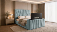 Plush Velvet Duck Egg - Solaris Luxury Sunburst TV Bed – Designer Upholstered Bed Frame with Integrated TV Footboard