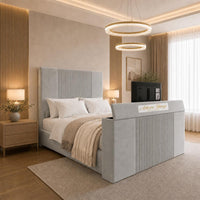 Naples Silver - Knightsbridge Luxury Fluted TV Bed – Designer Upholstered Bed Frame with Integrated TV Footboard