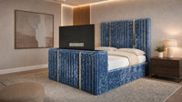 Crushed Velvet Denim Blue - Kensington Luxury Fluted TV Bed with Metallic Accents – Premium Upholstered TV Bed Frame