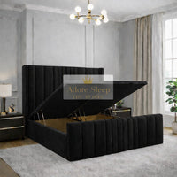 Plush Velvet Black - Valmont Luxe Ottoman Divan Bed Frame – Luxury Upholstered Storage Bed with Statement Panelled Headboard