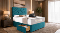 Plush Velvet Teal - Aurelia Geometric Luxe Divan Bed with Statement Panelled Headboard & Storage