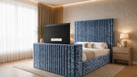 Crushed Velvet Denim Blue - Montreux Luxury Fluted TV Bed – Premium Upholstered Bed Frame with Integrated TV Footboard