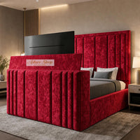 Crushed Velvet Red - Belgravia Luxury TV Bed – Statement Panel Upholstered Bed Frame with TV Footboard
