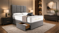 Plush Velvet Grey - Kensington Grande Luxury Divan Bed – Premium Upholstered Bed Frame with Tall Vertical Panel Headboard