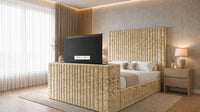 Crushed Velvet Gold - Montreux Luxury Fluted TV Bed – Premium Upholstered Bed Frame with Integrated TV Footboard