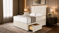 Crushed Velvet Cream - Aurelia Luxury Sunburst Divan Bed – Designer Upholstered Bed Frame