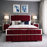 Plush Velvet Maroon - Aurelius Linear Upholstered Designer Bed | Luxury Gold Frame Statement Bed