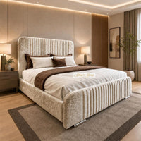 Crushed Velvet Gold - Beaumont Luxury Fluted Wing Bed – Designer Upholstered Bed Frame with Statement Headboard & Footboard