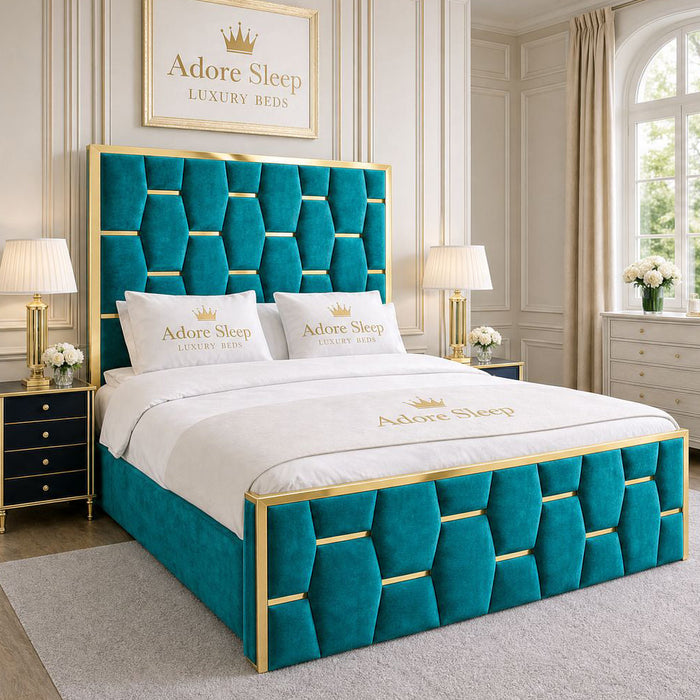 Plush Velvet Teal - Sovereign Geometric Upholstered Designer Bed | Luxury Gold Trim Bed Frame