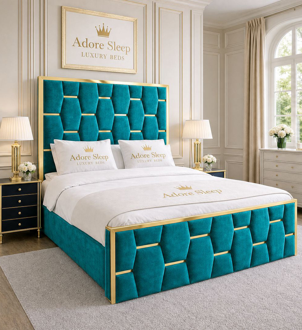 Plush Velvet Teal - Sovereign Geometric Upholstered Designer Bed | Luxury Gold Trim Bed Frame